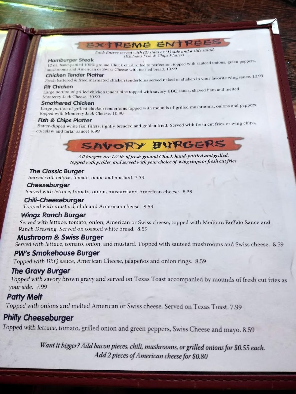 Casual pub menu with burgers and salads.