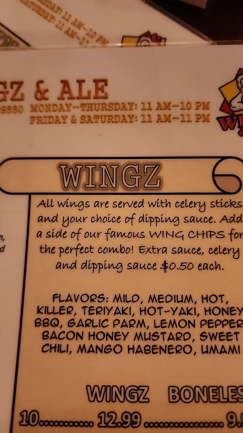 Chicken wings restaurant menu with appetizer sections.